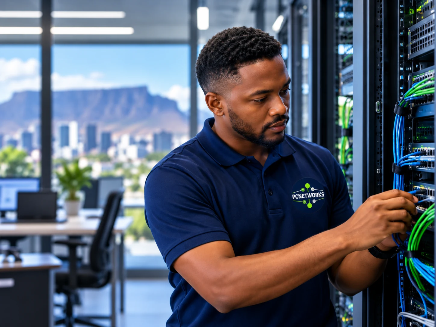 AI-generated PCNETWORKS technician working on network equipment with Cape Town in the background